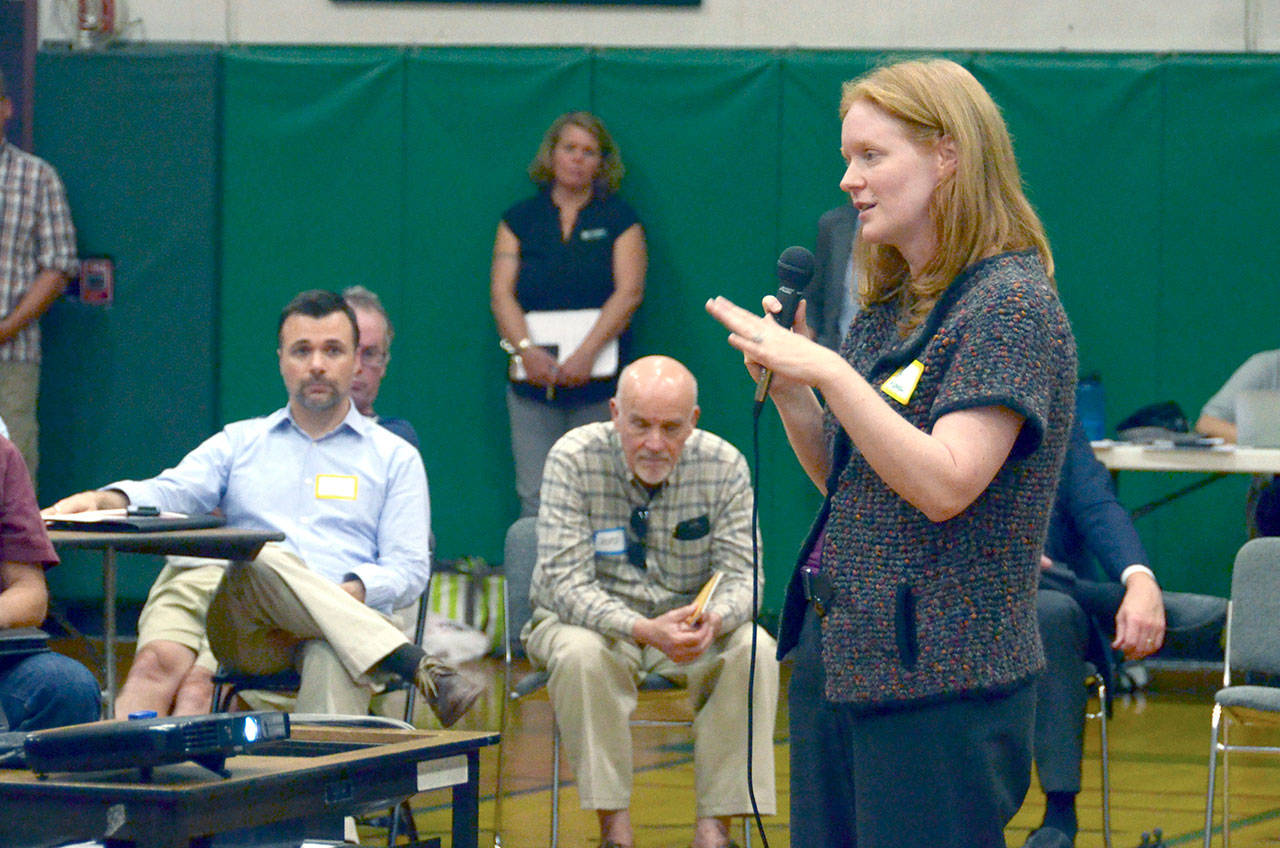 Katie Rooney, a consultant from Renaissance Planning, led a public meeting Thursday on future plans to transform Mountain View Commons into a recreation and emergency preparedness facility. (Cydney McFarland/Peninsula Daily News)