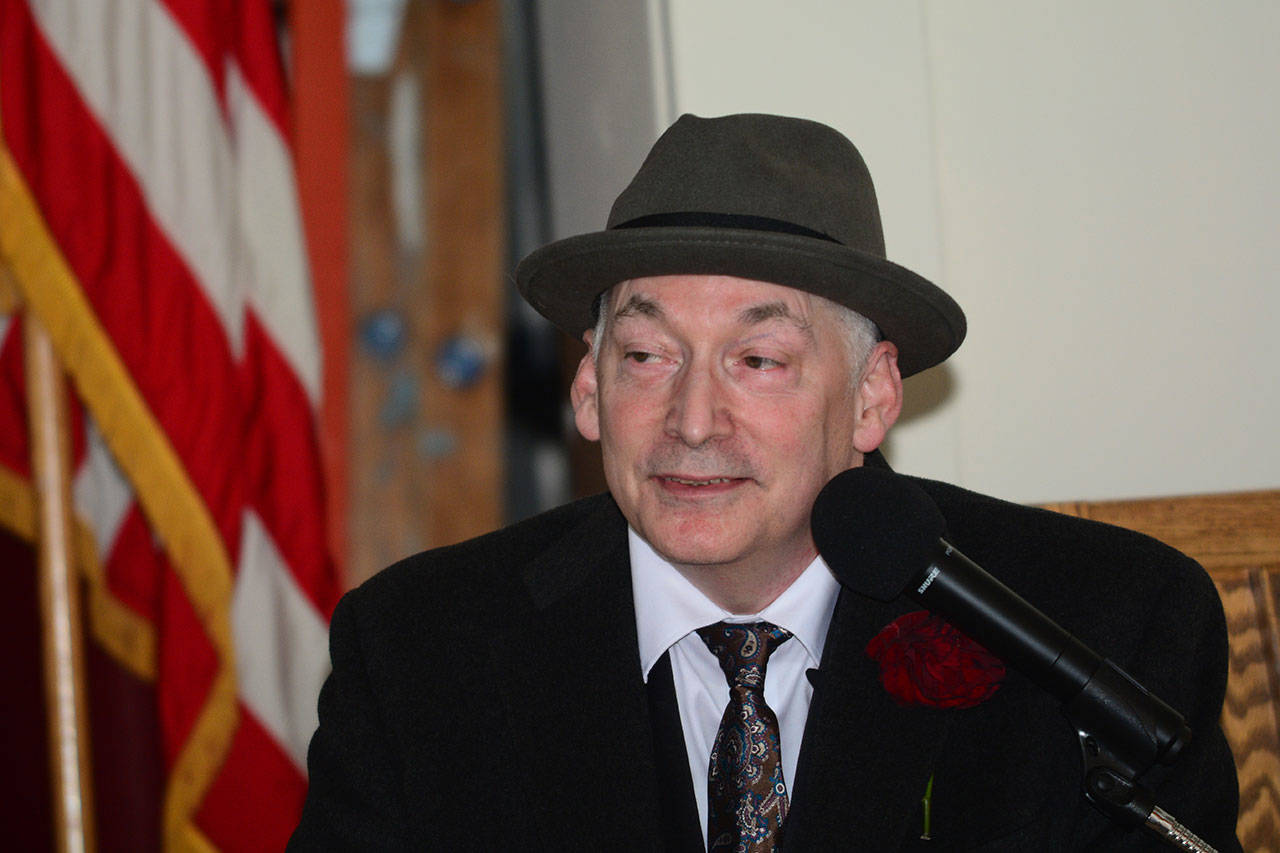 Scott Larsen, a history buff impersonating former President Franklin D. Roosevelt, tells a crowd at the First United Methodist Church in Port Angeles on Sunday of Roosevelt’s trip to the Olympic Peninsula 80 years ago. (Jesse Major/Peninsula Daily News)