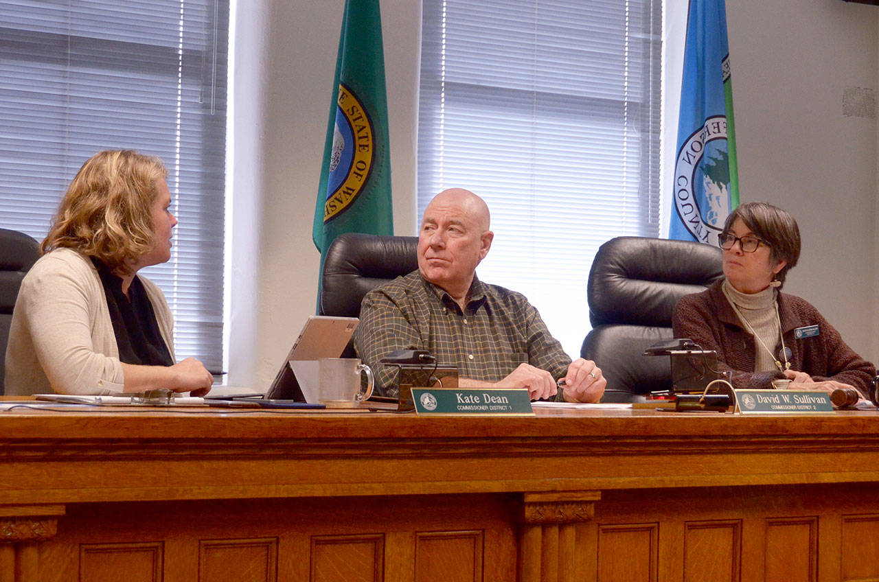 Jefferson County Commissioners Kate Dean, David Sullivan and Kathleen Kler approved a grant from the Kitsap Public Health District to help the Jefferson County Public Health implement intervention strategies for tobacco, vapor and marijuana products. (Cydney McFarland/Peninsula Daily News)