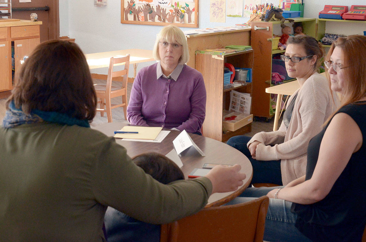 U.S. Sen. Patty Murray, second from left, visits with Julia Fulton, director of the Cedarbrook Early Learning Center in Port Hadlock, and local parents Sarah Dexter and Candace Mangold, from left, to discuss Murray’s new Child Care for Working Families Act. (Cydney McFarland/Peninsula Daily News)