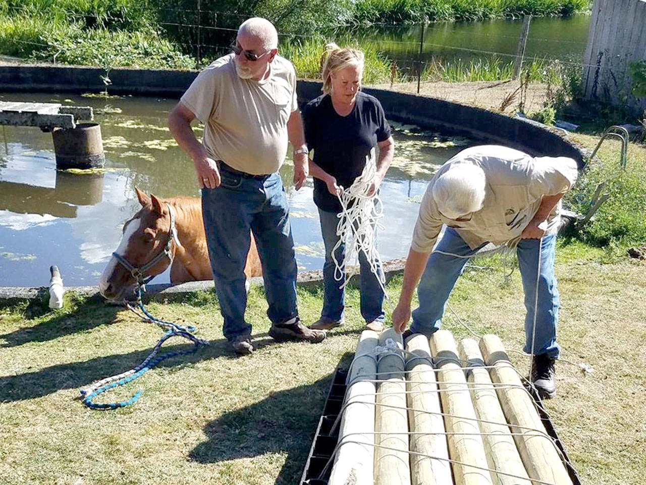John Poe, left, Diane Royall and Mike Villancourt work on part of a 10-foot ramp to help walk an older horse with one blind eye out of a man-made fish pond after he fell in. (Valerie Jackson)