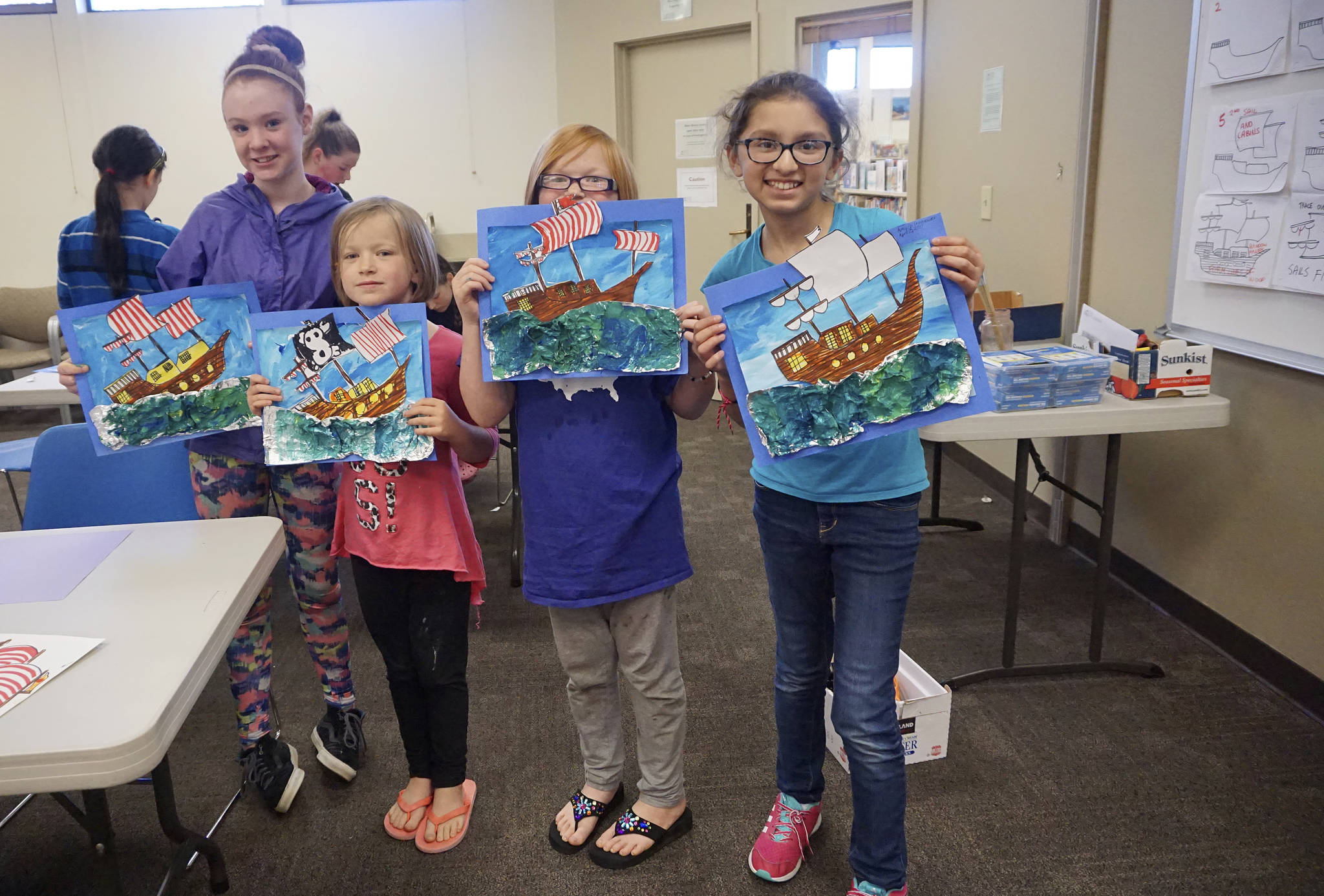 The “Kids Create Art” series at the Sequim Library is set for the third Saturday of the month, October through April. Pictured from left are young artists Phoebe McKay, Katerina Abken, Zowie Abken and Amara Gonzalez. (North Olympic Library System)