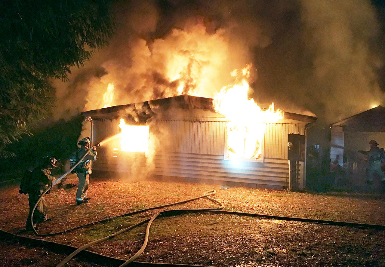 Fire destroyed a manufactured home on Fredericks Street in Port Townsend on Wednesday night. (East Jefferson Fire-Rescue)
