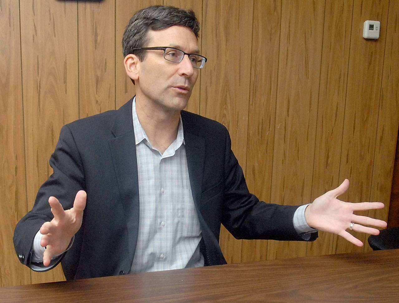 Washington Attorney General Bob Ferguson speaks about the opioid crisis during a visit to Port Angeles on Friday. (Keith Thorpe/Peninsula Daily News)