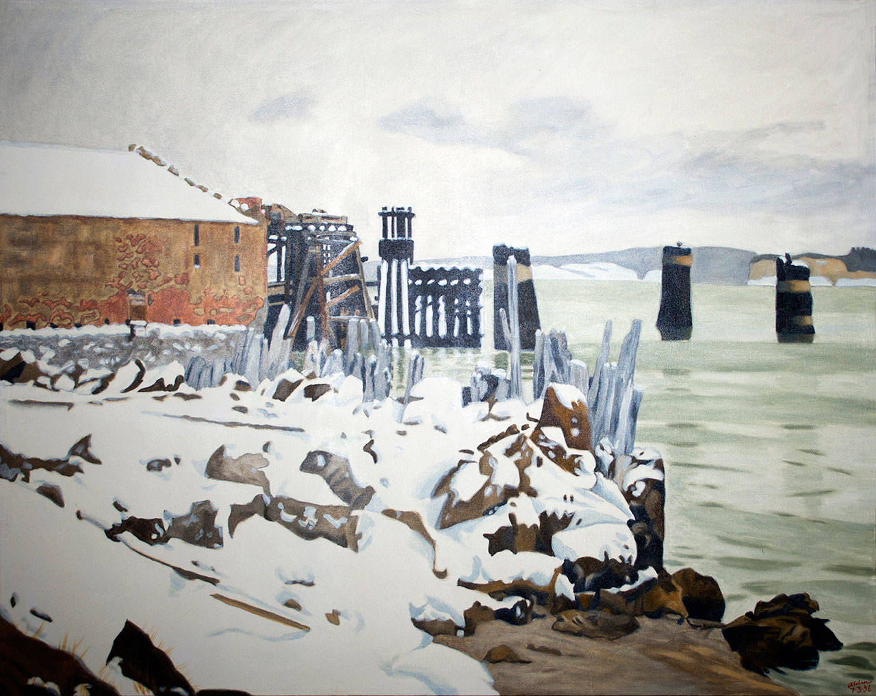 Jim Alden’s paintings, including “Cannery in the Snow,” will be on display at the Port Townsend Library, 1220 Lawrence St., starting today. (Jim Alden)