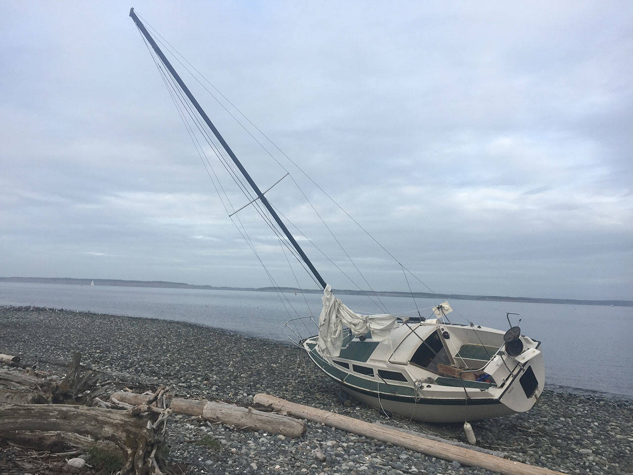 The Port of Port Townsend is considering what to do about a sailboat beached on the north side of Point Hudson. (Cydney McFarland/Peninsula Daily News)