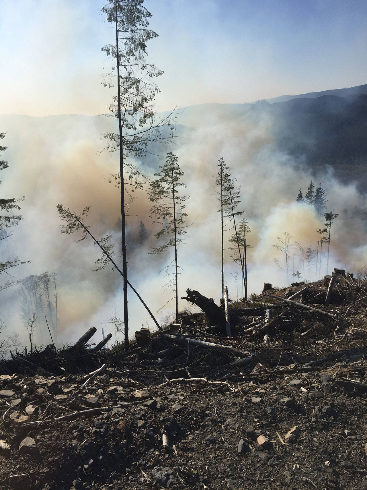 A slash burn near state Highway 113 and U.S. Highway 101 got out of control Sunday when winds kicked up, burning at least 5 acres. (Bill Paul/Clallam Fire District No. 1)