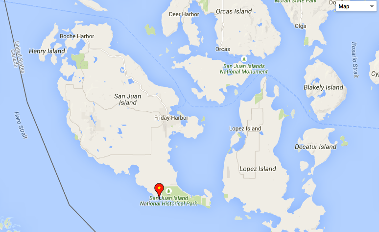 Eagle Point on San Juan Island is indicated by the red pin. Google Maps  (Click on image to enlarge)