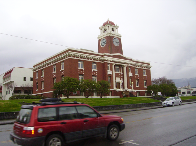 Clallam County Courthouse in Port Angeles.  Its parking lot is behind the building.