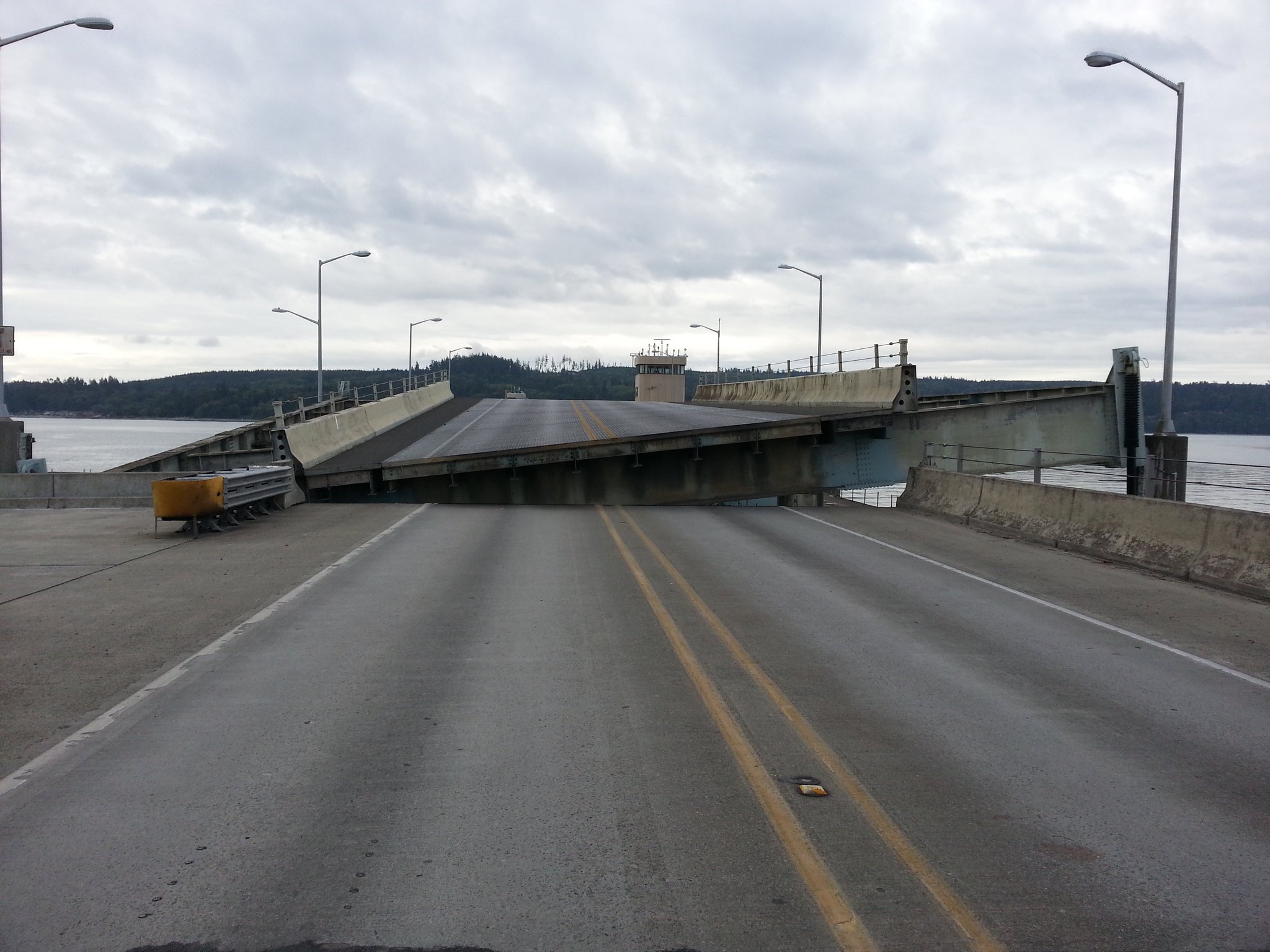 A mechanical failure of the the Hood Canal Bridge left the span's deck unevenly positioned Sunday. (Washington State Department of Transportation)