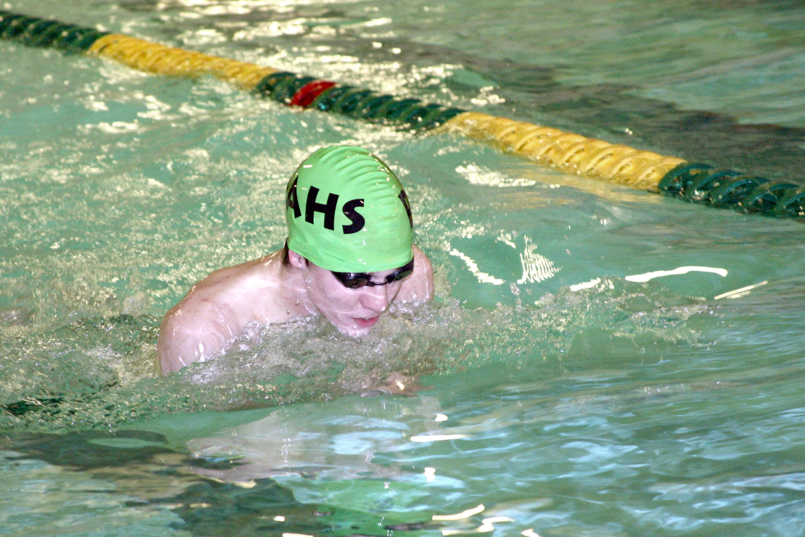 Port Angeles' Nathan Beirne competes in the breaststroke against Bremerton. Beirne swam a district-qualifying team in the 500 freestyle. (Patty Reifenstahl)