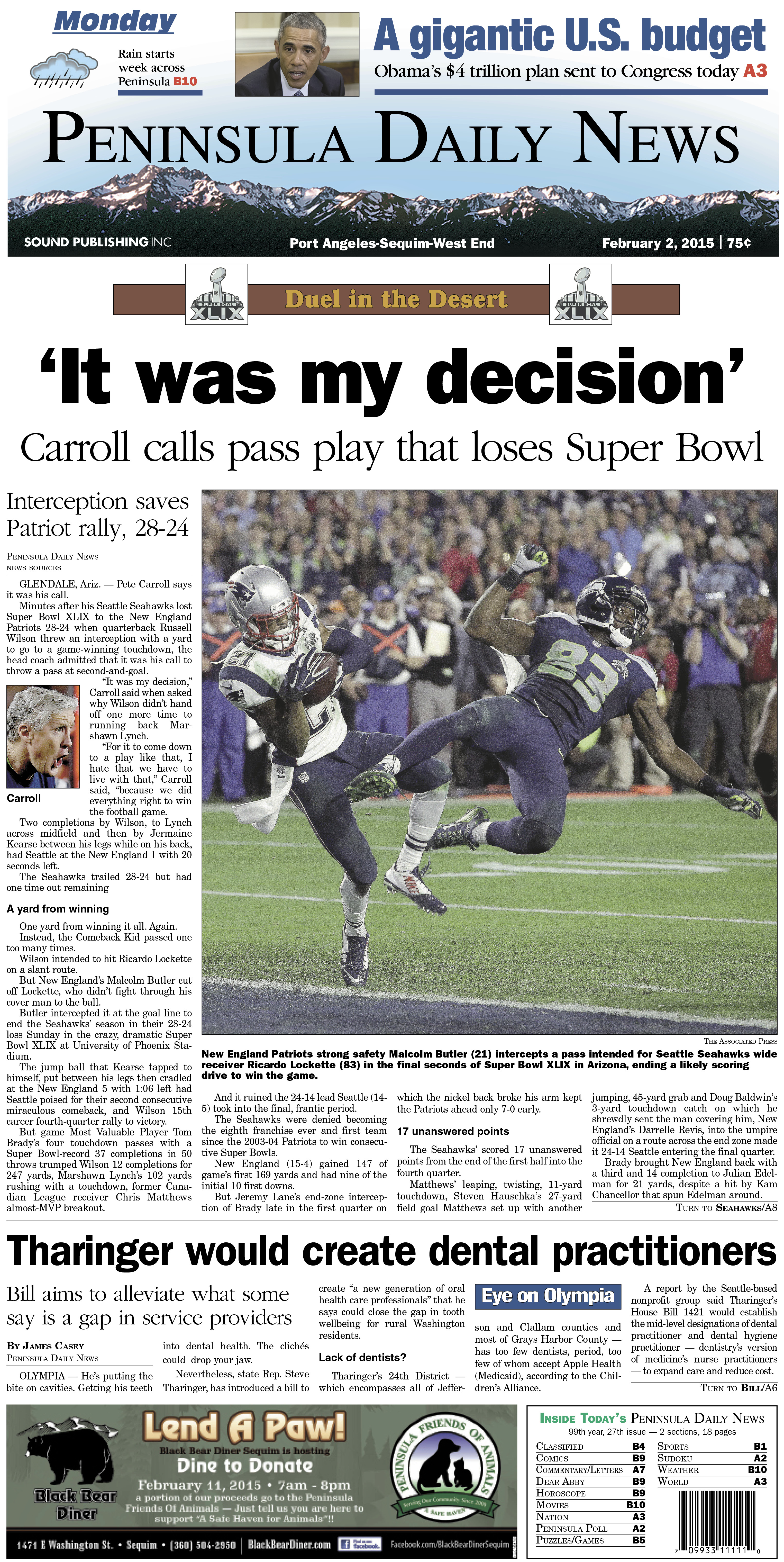 Here is today's Clallam County front page. There's more inside that isn't online! ()