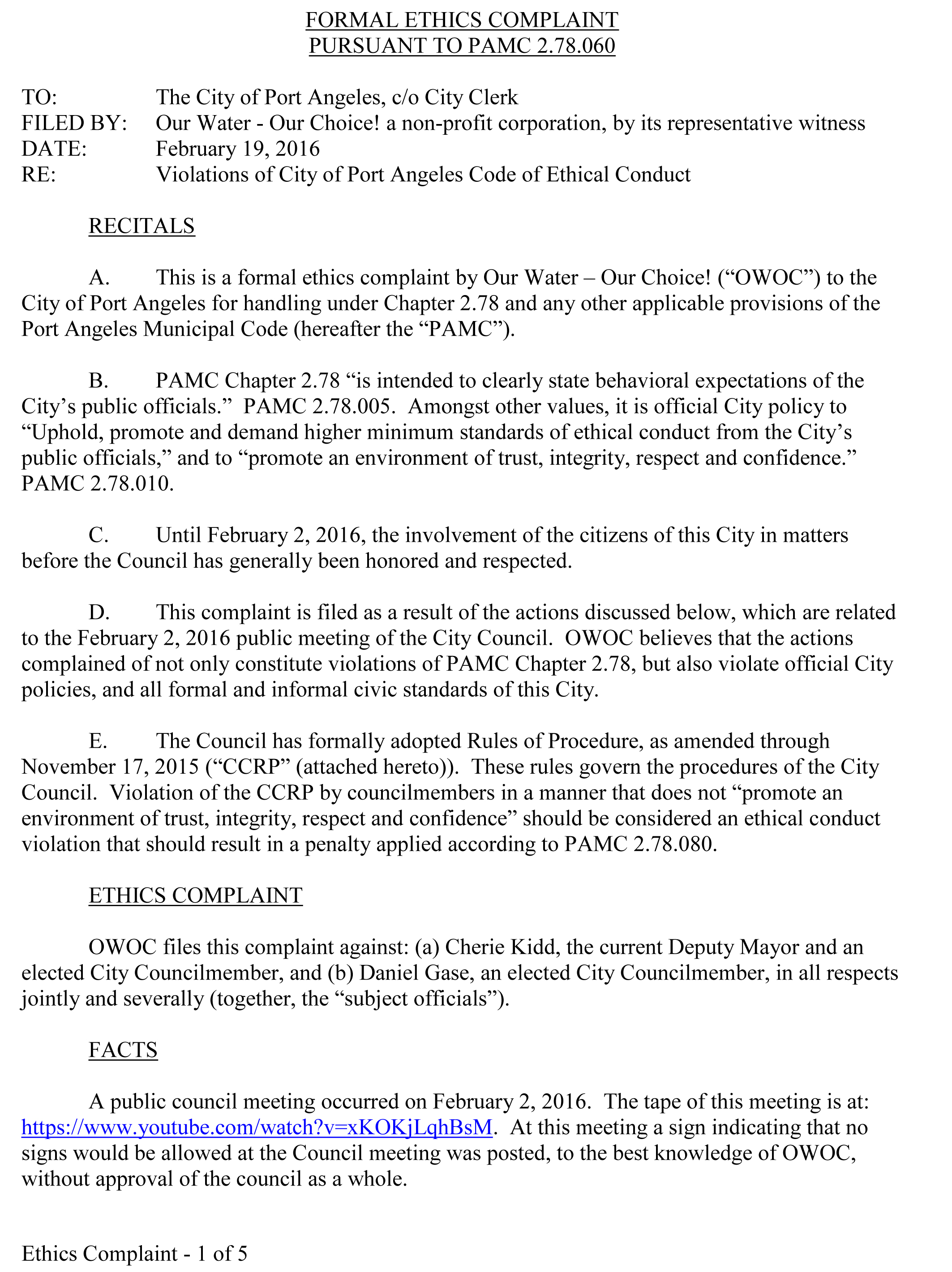 Page 1 of the ethics complaint filed against Deputy Mayor Cherie Kidd and Councilman Dan Gase. ()