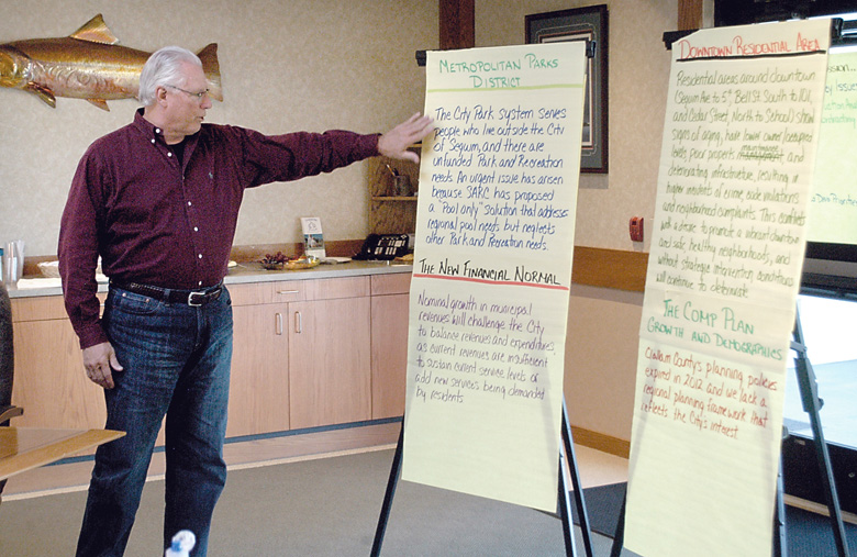 Sequim City Manager Steve Burkett discusses issues facing the city with council members during the City Council's annual retreat Wednesday at the Jamestown S'Klallam Tribal Center in Blyn. (Chris McDaniel/Peninsula Daily News)