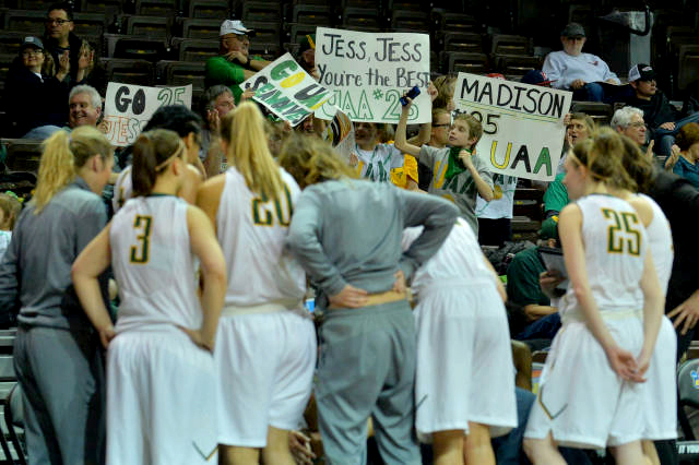 Fans show their support for Port Angeles' product Jessica Madison (25) during Alaska-Anchorage's 67-47 NCAA Division II semifinal win against Grand Valley State in Sioux Falls