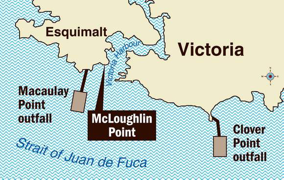 Two outfalls on either side of Victoria Harbour show pipes that discharge untreated effluent into the Strait of Juan de Fuca. A proposal to build Victoria's first treatment plant on McLoughlin Point was