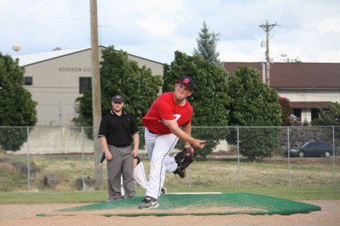 Brody Merritt of the Olympic 14U Babe Ruth Baseball club follows through on a pitch at a recent tournament game. (Kerri Merritt)