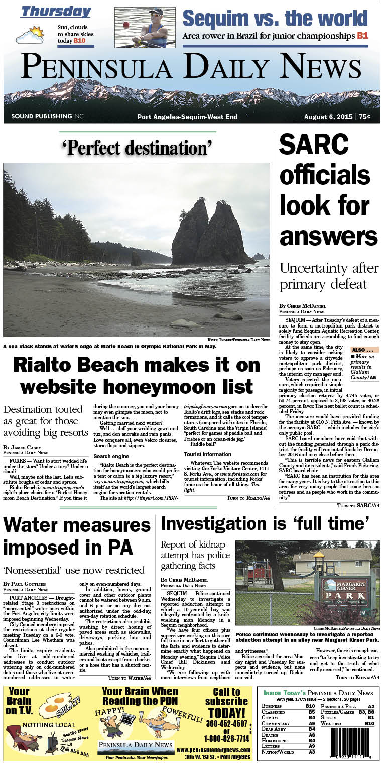 Today's front page tailored for the PDN's readers in Clallam County. There's more inside that isn't online!
