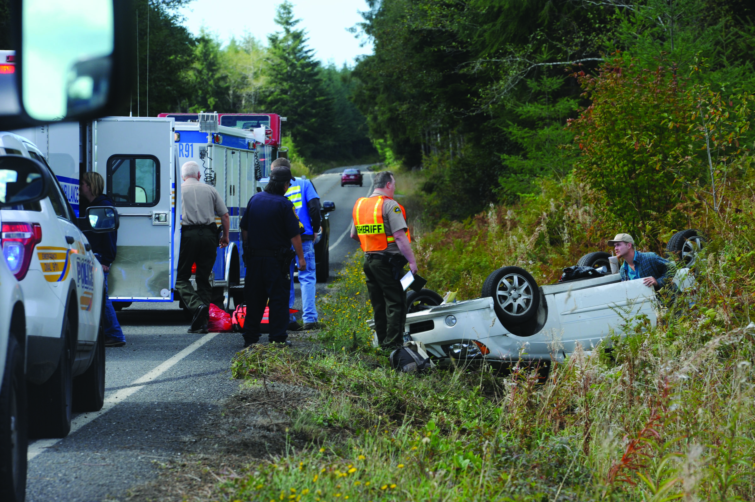 No injuries were reported after a single-car rollover wreck at 12:05 p.m. Tuesday on state highway 110 near the junction with Wilson road.  Lonnie Archibald/for Peninsula Daily News