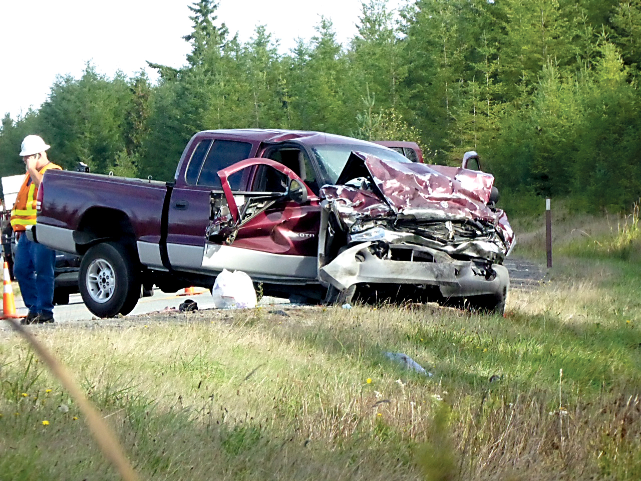A Bainbridge Island man who was a passenger in this Dodge Ram pickup truck died in a two-vehicle crash on state Highway 104 on Wednesday afternoon. Charlie Bermant/Peninsula Daily News
