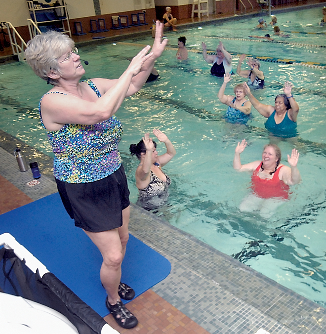 Water aerobics instructor Julie Hjelmeseth of Port Angeles conducts a class at William Shore Memorial Pool in Port Angeles on Wednesday. (Keith Thorpe/Peninsula Daily News)