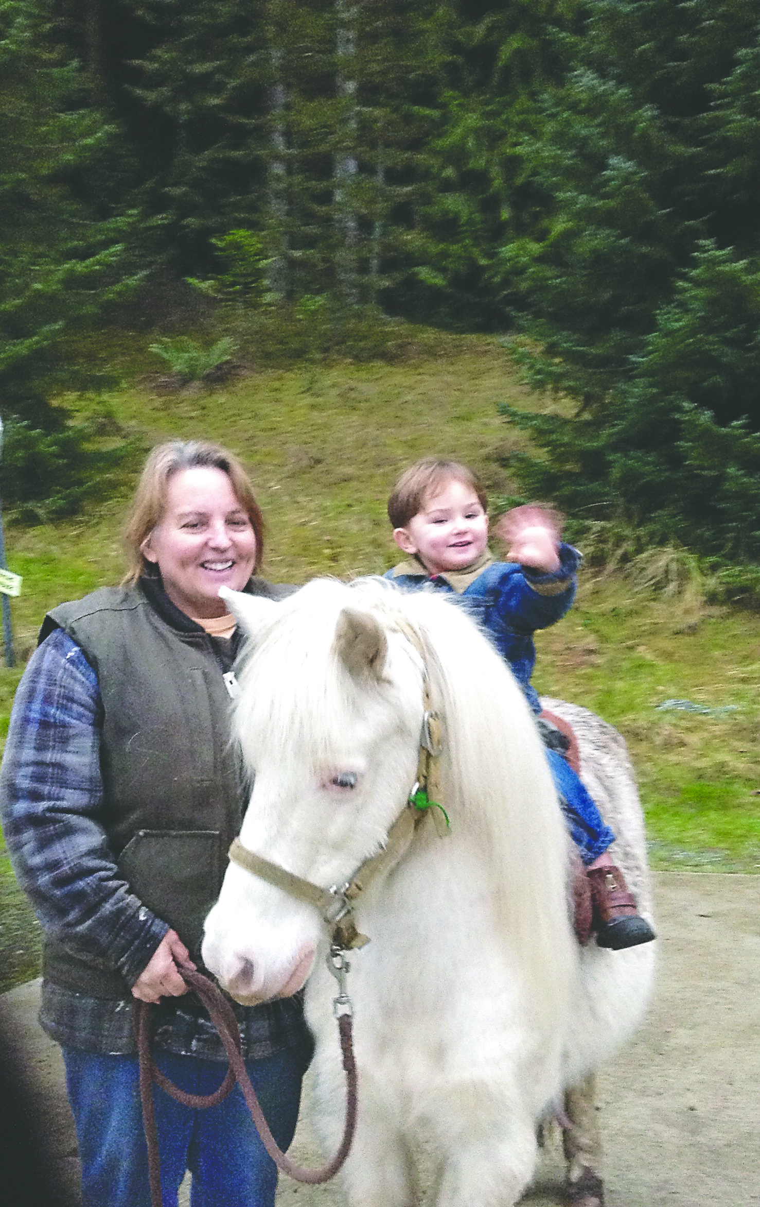 Karen Griffiths holds pony Snowball Express’ lead as he caters to grand-nephew