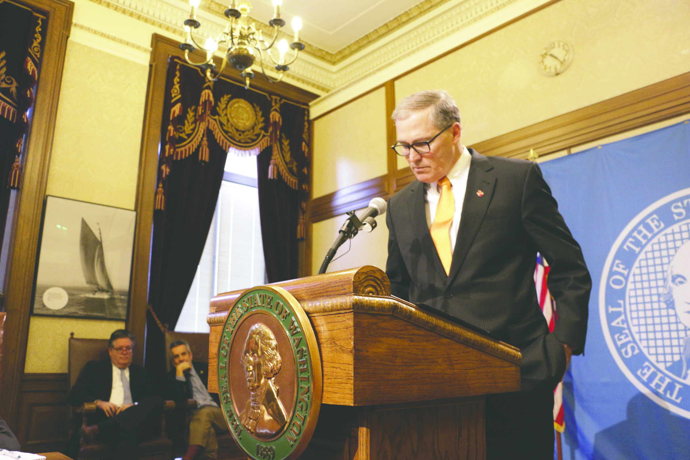 Gov. Jay Inslee speaks with the media about the recent ouster on the Senate floor of his appointment to the state Department of Transportation on Monday in Olympia. (The Associated Press)