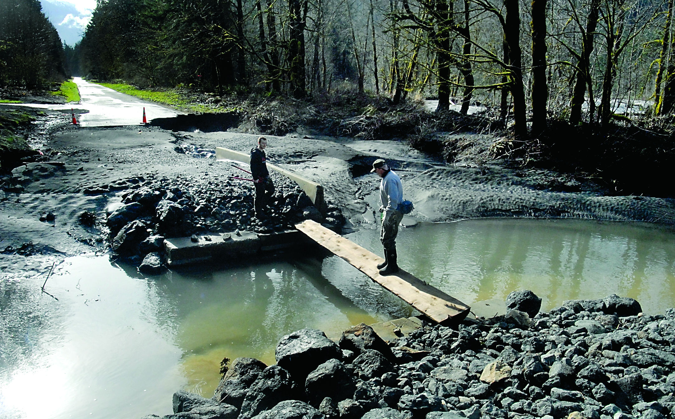 Olympic National Park chief electrician Robert Perina crosses a temporary plank bridge over a side channel of the Elwha River as electrician apprentice Kevan Keegan looks on near the Elwha Campground in Olympic National Park