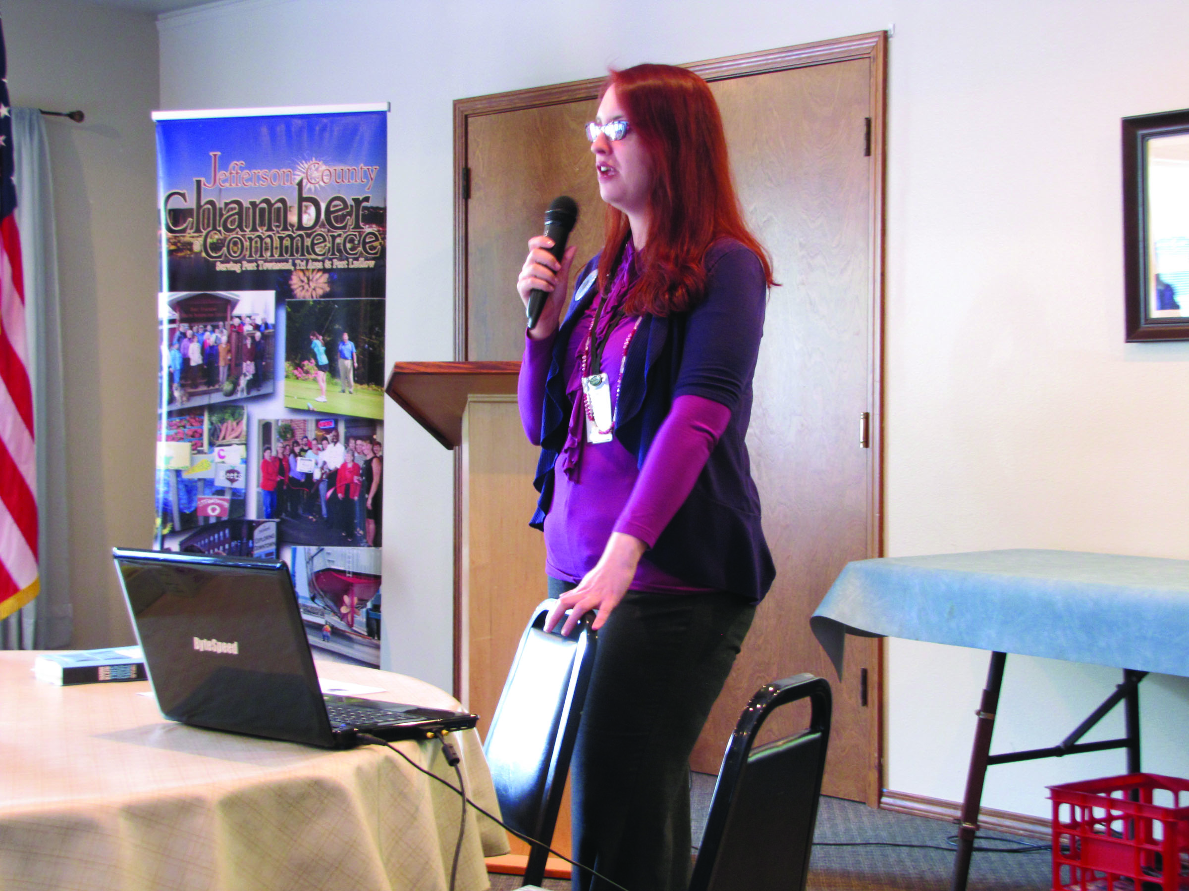 Port Townsend Library Director Melody Sky Eisler speaks to the Jefferson County Chamber of Commerce. — Arwyn Rice/Peninsula Daily News ()