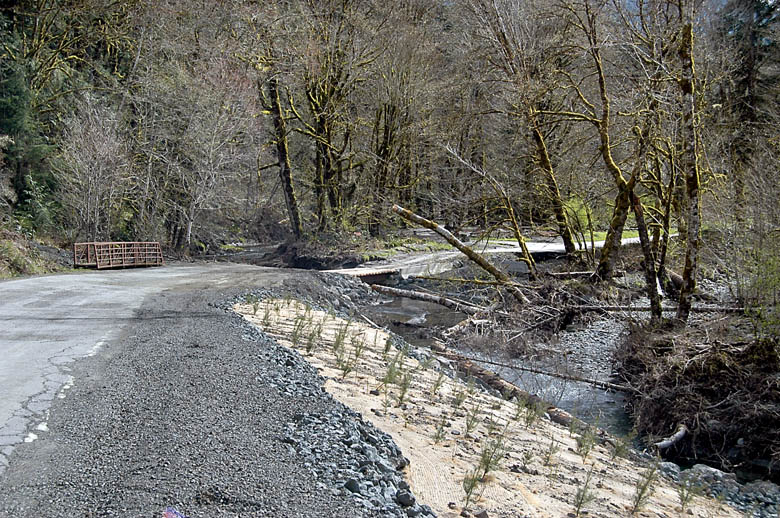 This section of Olympic Hot Springs Road washed out in a November flood. National Park Service Director Jon Jarvis told U.S. Rep. Derek Kilmer that a one-lane bridge would be installed over the washout area in six to eight weeks. (Rob Ollikainen/Peninsula Daily News)