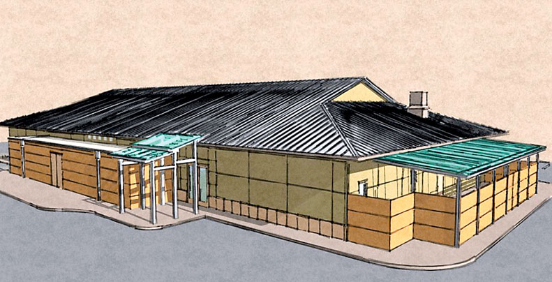 The north side of an upgraded Guy Cole Convention Center in Carrie Blake Park is pictured in this drawing from the city of Sequim. Some projects may be put on hold because of budget constraints. — City of Sequim ()