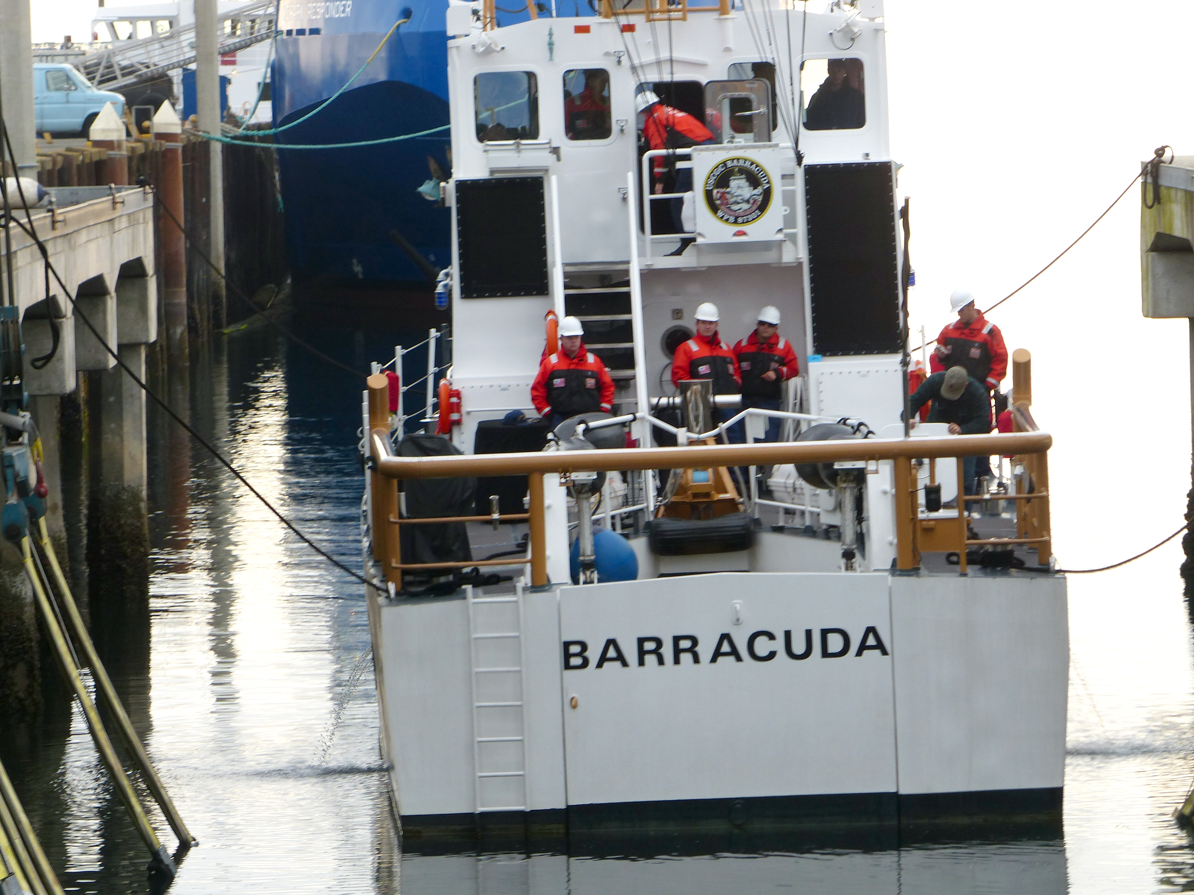 The Coast Guard Marine Protector class patrol boat Barracuda is prepared to be hoisted out of the water. (David G. Sellars/for Peninsula Daily News)