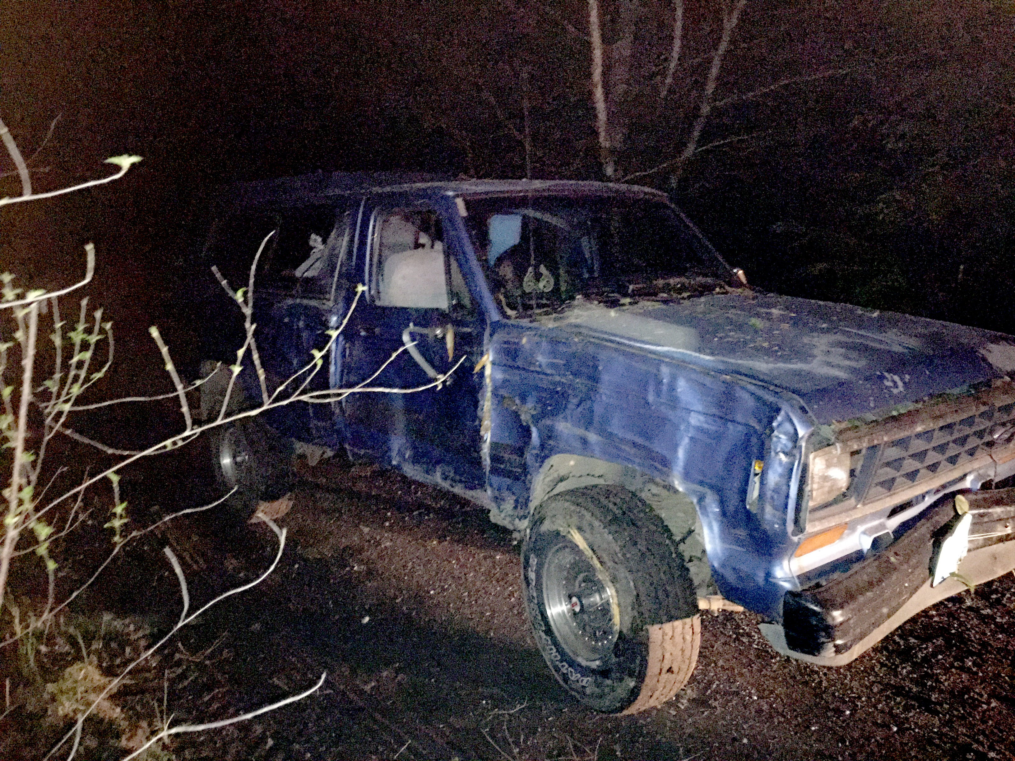The damaged pickup truck that was used in Monday’s police pursuit before it struck a tree west of Port Angeles. —Clallam County Sheriff’s Office photo ()