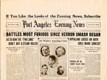 The above-the-fold front page of the inaugural edition of the Port Angeles Evening News