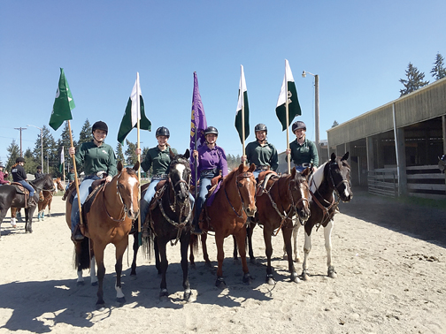 Port Angeles and Sequim High School Equestrian Team graduating seniors pose on their horses at their third Washington High School Equestrian Team competition before state finals. From left are Holly Cozzolino