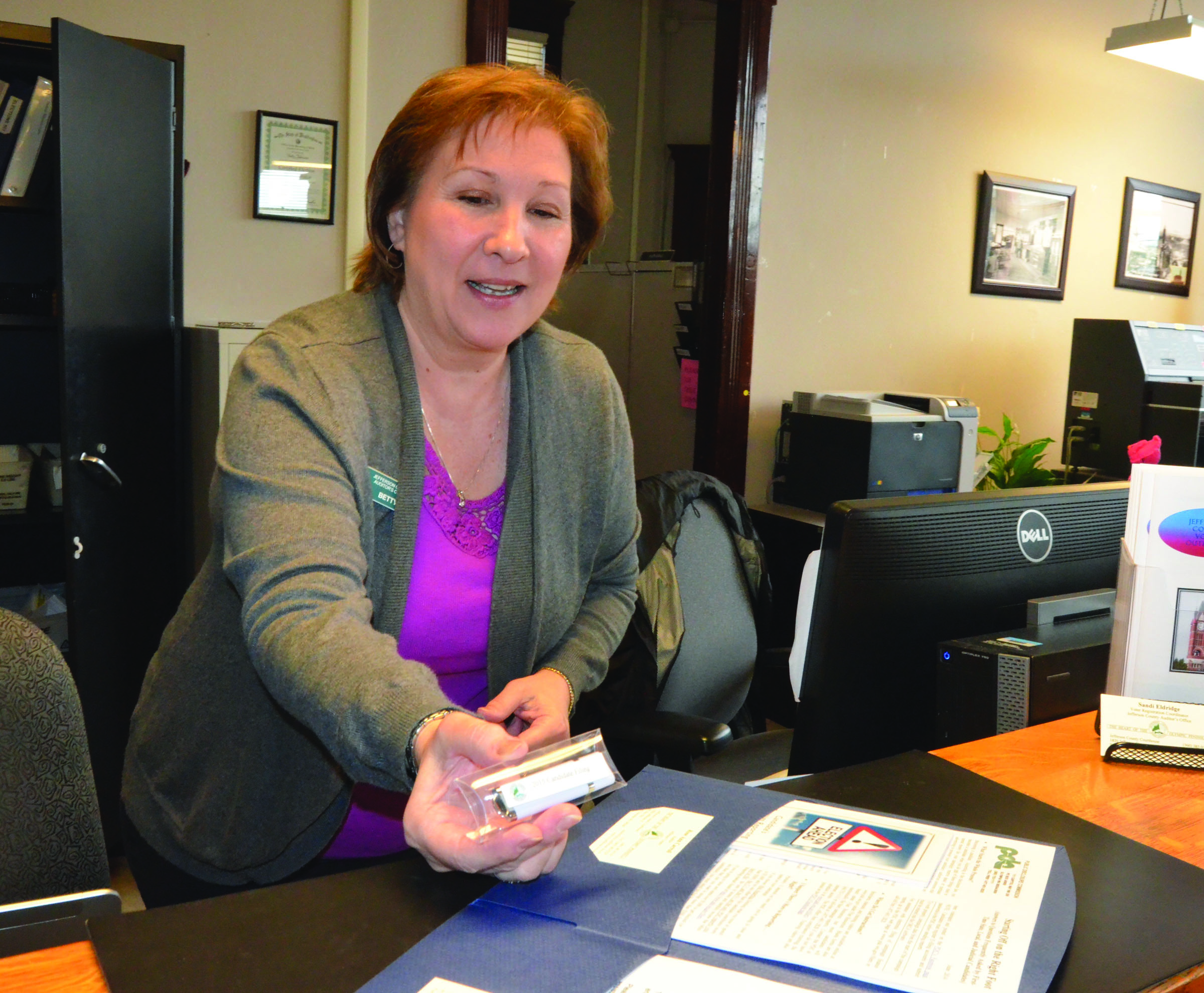 Jefferson County Elections Supervisor Betty Johnson with the new candidate filing packet: a USB drive.  Charlie Bermant/Peninsula Daily News ()