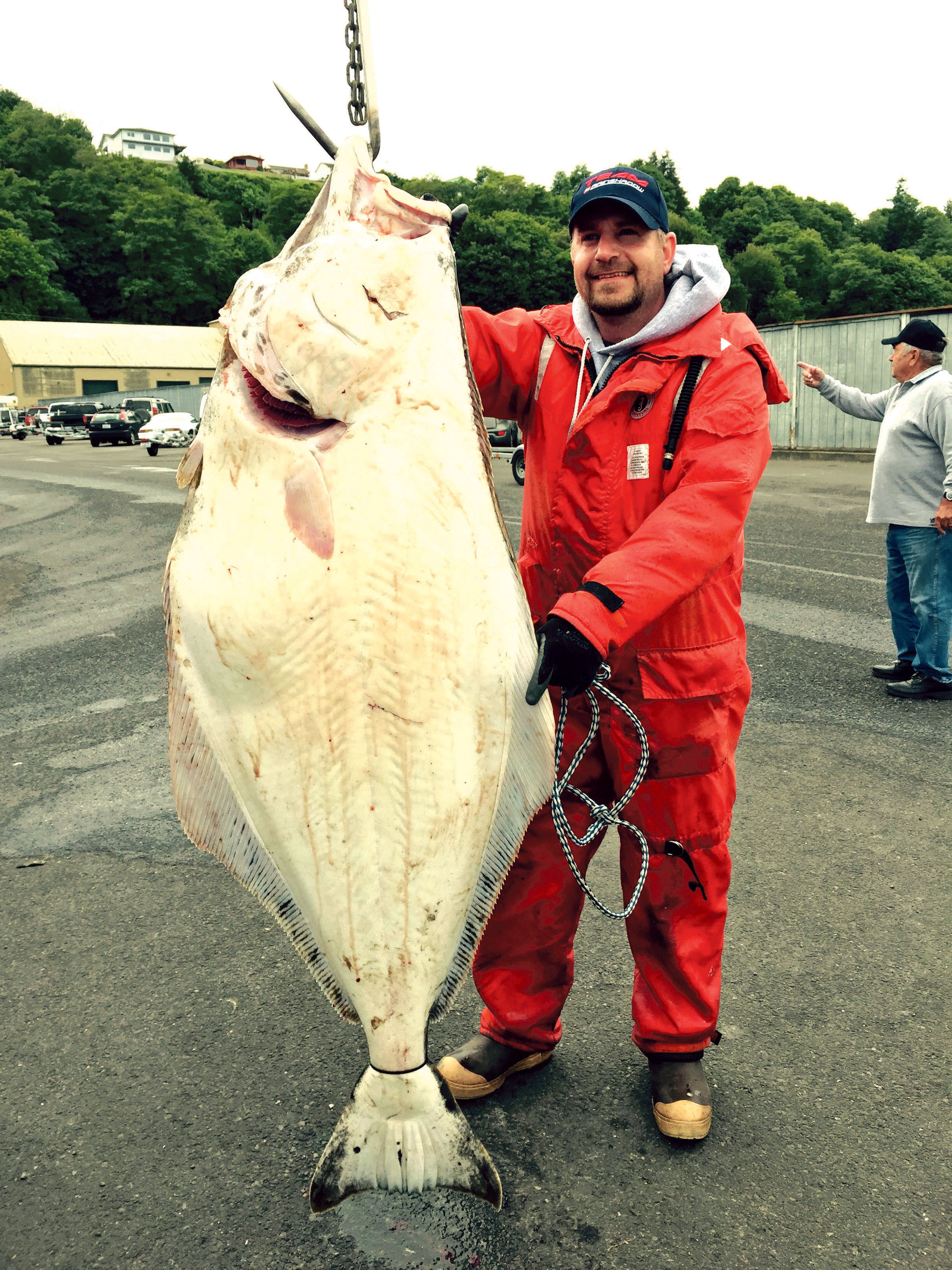 Port Angeles' Josh Constant landed this 107.9-pound halibut in Freshwater Bay. He leads the Port Angeles Salmon Club's 15th annual Halibut Derby entering today's final round. (Lee Hancock/Port Angeles Salmon Club)