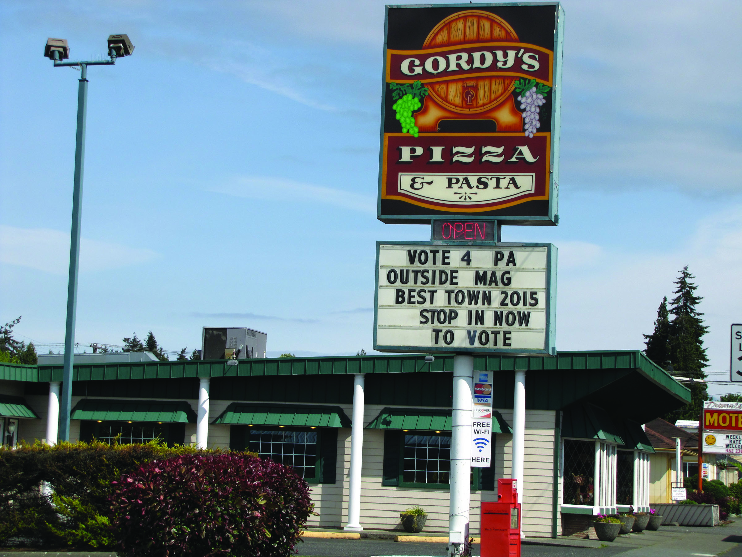 Businesses throughout Port Angeles are supporting the “Vote PA!” effort with their signboards. This one is at Gordy's Pizza and Pasta. (Arwyn Rice/Peninsula Daily News)