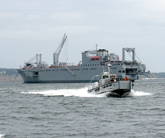 A launch transports personnel from the USNS Bob Hope during Wednesday's disaster preparedness exercise. (Charlie Bermant/Peninsula Daily News)