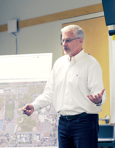 Sequim Schools Superintendent Gary Neal discusses plans for a $55 million bond with board directors at the Sequim Transit Center last week. — Michael Dashiell/Olympic Peninsula News Group ()