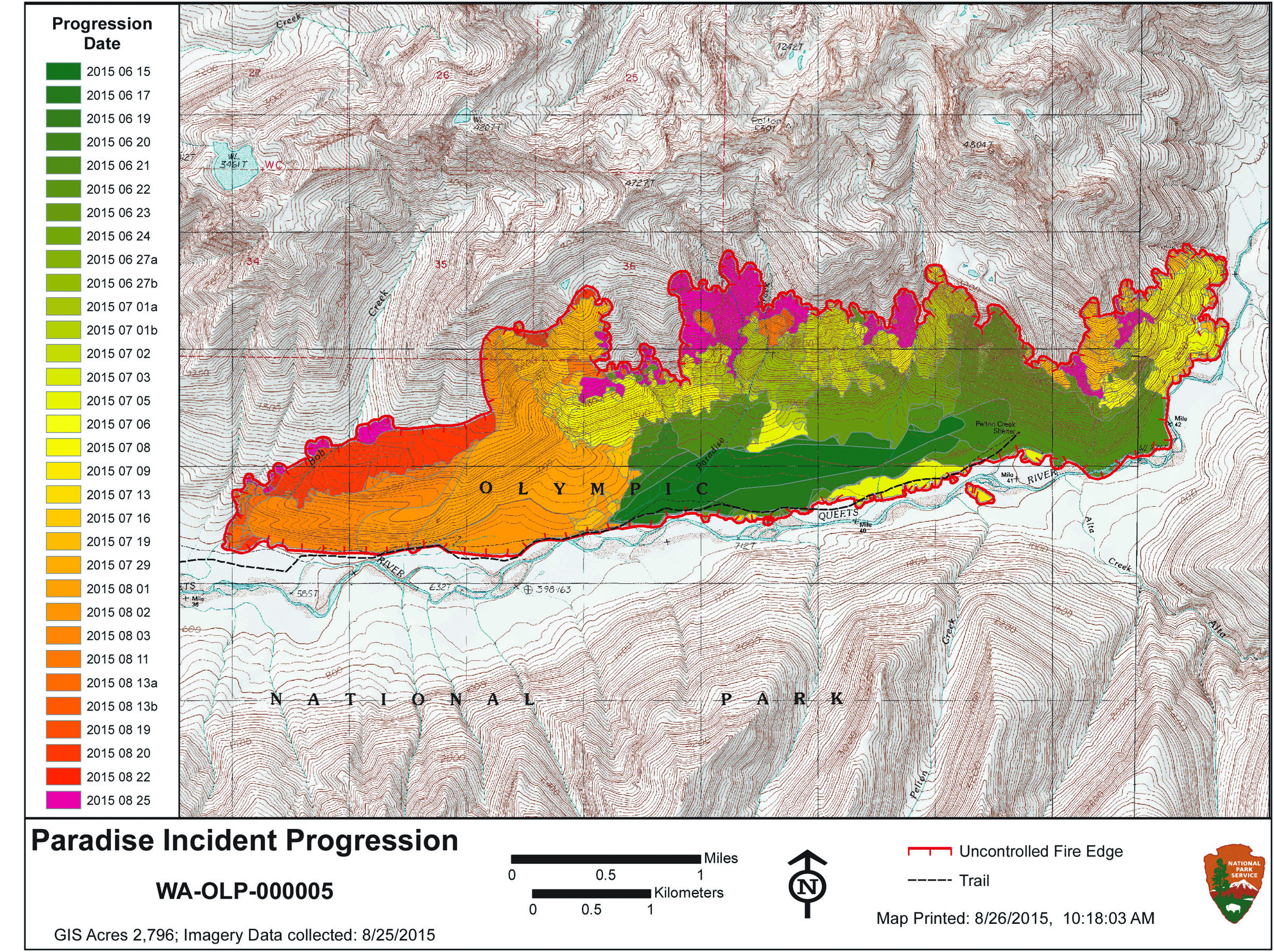 Map showing the recent spread of the Paradise Fire. National Park Service