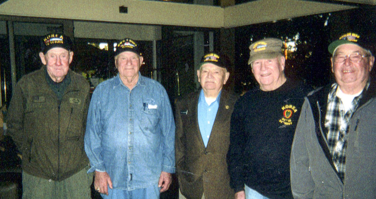Jack Hughes, Ray DiVacky, Chuck Gagnon, Jerry Rettela and Harold Beck, from left, are shown before their Puget Sound Honor Flight to Washington, D.C., on Oct. 14. (Jerry Rettela)