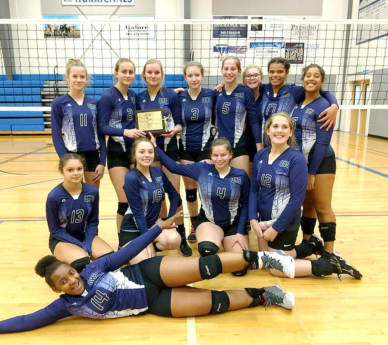 The Quilcene Rangers volleyball squad after winning the 1B Tri-District tournament last week. From left, rear, are Bridget Hitt, Katie Love, Emily Hitt, Abby Weller, McKenzie Kieffer, Natalie Coffey, Gina Brown and Aleina Mitchell. From left, front, are Shelby Love, Pearl Munn, Sydney Brown and Marissa Kieffer. On the floor is Allanah Carron.