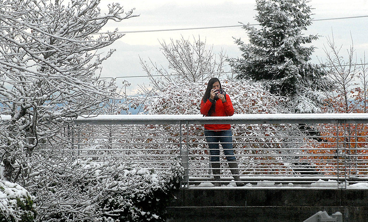 Peninsula College student Vanessa Castle of Lower Elwha takes a cellphone photo of snow-covered trees on the school’s Port Angeles campus Friday. Snow blanketed numerous areas of the North Olympic Peninsula on Friday, with an additional chance of snow predicted for Saturday night through this morning. (Keith Thorpe/Peninsula Daily News)