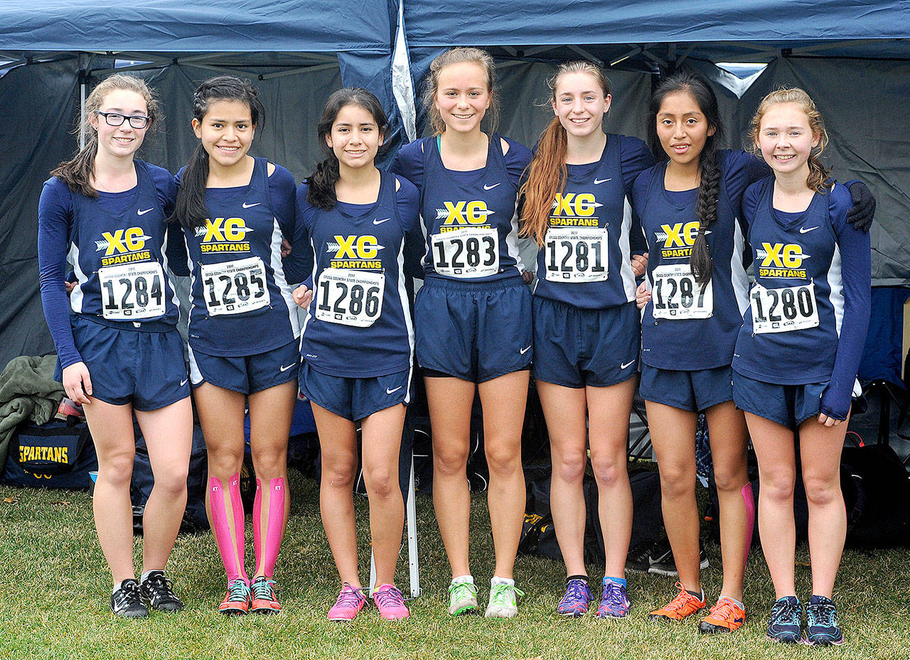The Forks girls cross country team proudly poses after finishing 11th in the 1A state cross country meet this weekend. From left are team members Madison Carlson, Enid Ensastegui, Karen Ensastegui, Chelsea Biciunas, Marissa Bailey, Melisa Galindo and Madelyn Archibald. (Lonnie Archibald/for Peninsula Daily News)