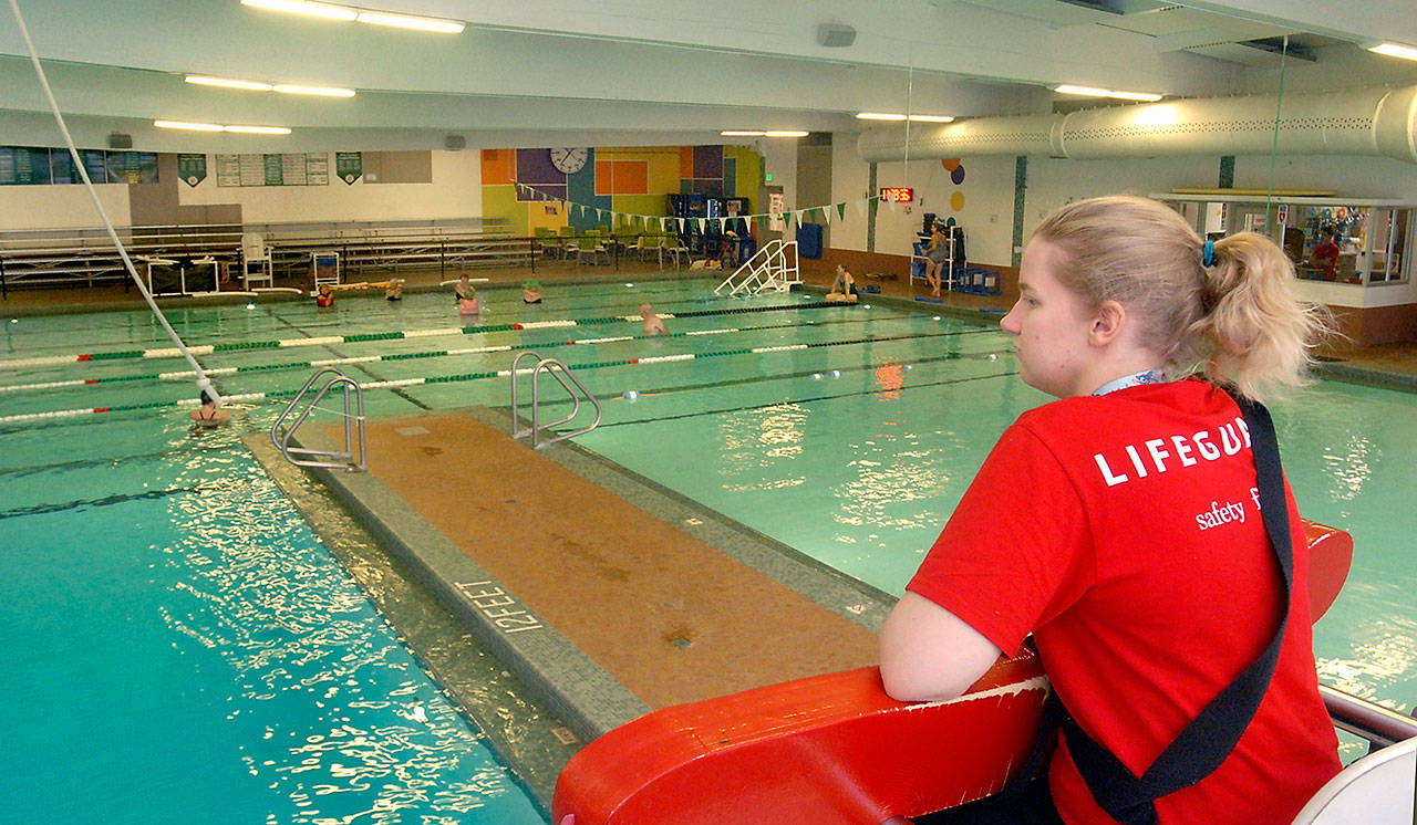 Lifeguard Natalie Lidback oversees an aquatic exercise class at William Shore Memorial Pool in Port Angeles on Wednesday. (Keith Thorpe/Peninsula Daily News)