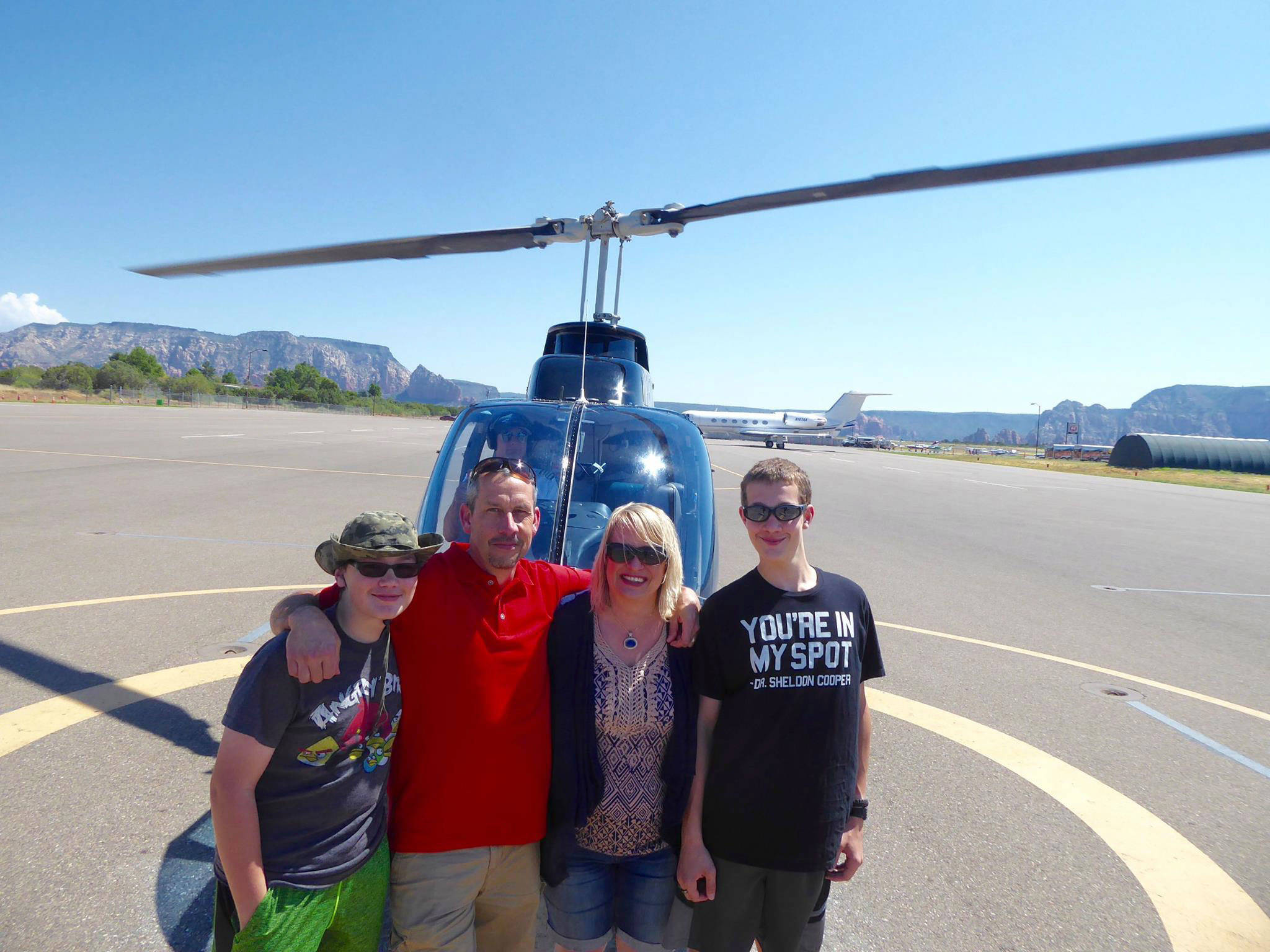 Josslyn Streett The Streett family of Sequim, from left, Sawyer, Robert, Josslyn and Robby, pose for a photo before their first flight over Sedona, Ariz., in July. The family was involved in a car wreck July 20 that took the lives of Robert and Robby. Josslyn said this was going to be the familys Christmas card.