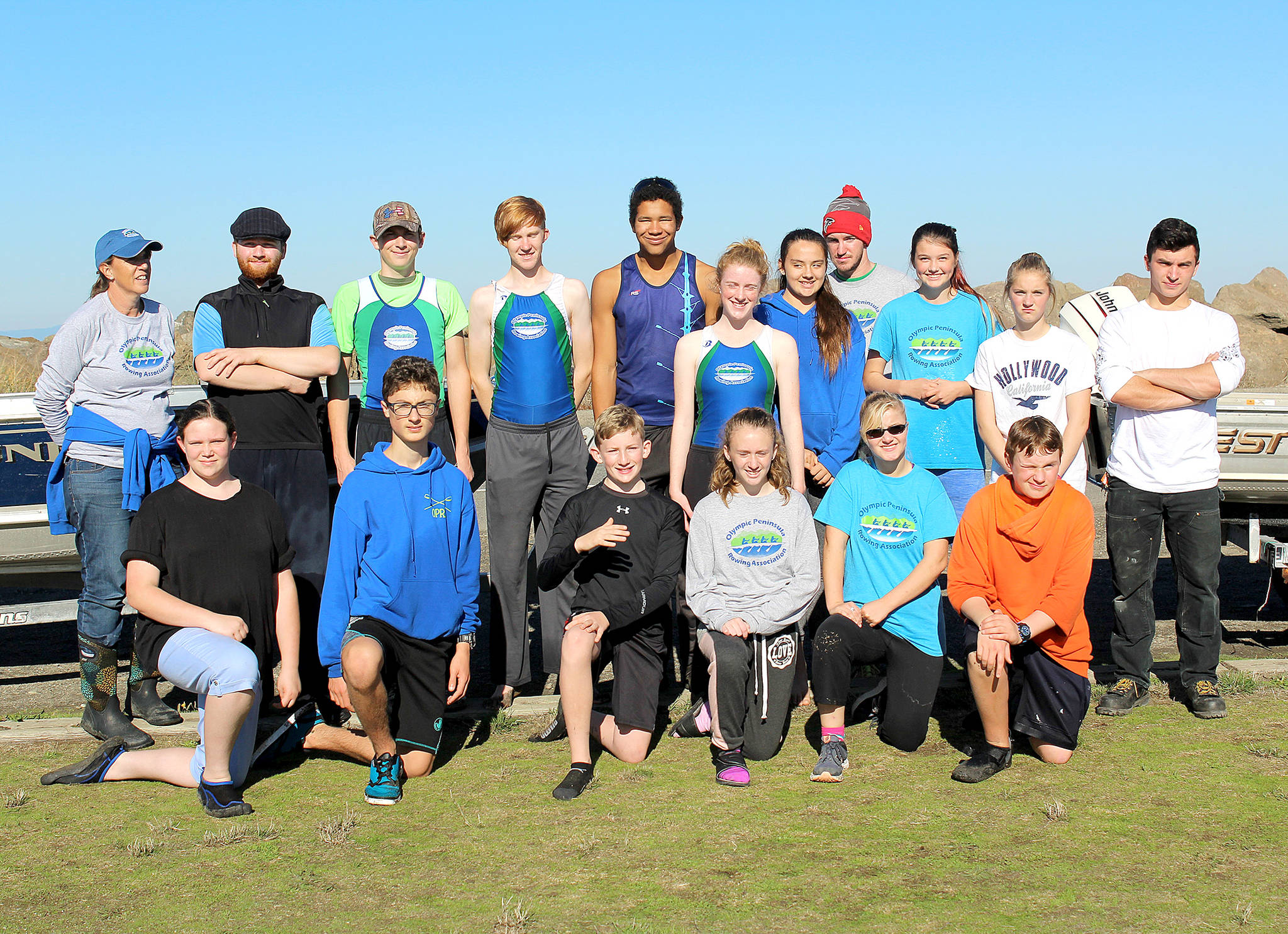 Olympic Peninsula Rowing Association rowers participating in the first-ever John Halberg Memorial Scrimmage. Back row, from left, coach Debby Swinford, Jake McGovern, Tyler Turner, Daniel Weaver Nathan Mishler, Emily Sirguy, Lisa Martin, coach Calum Swinford, Ella Ventura, Lica Kennedy and Adain Feingold. Front row, Sophia Groves, Harrison Fulton, Will Roening, Shannon Callahan, Veronica Kennedy and Jack Feingold.