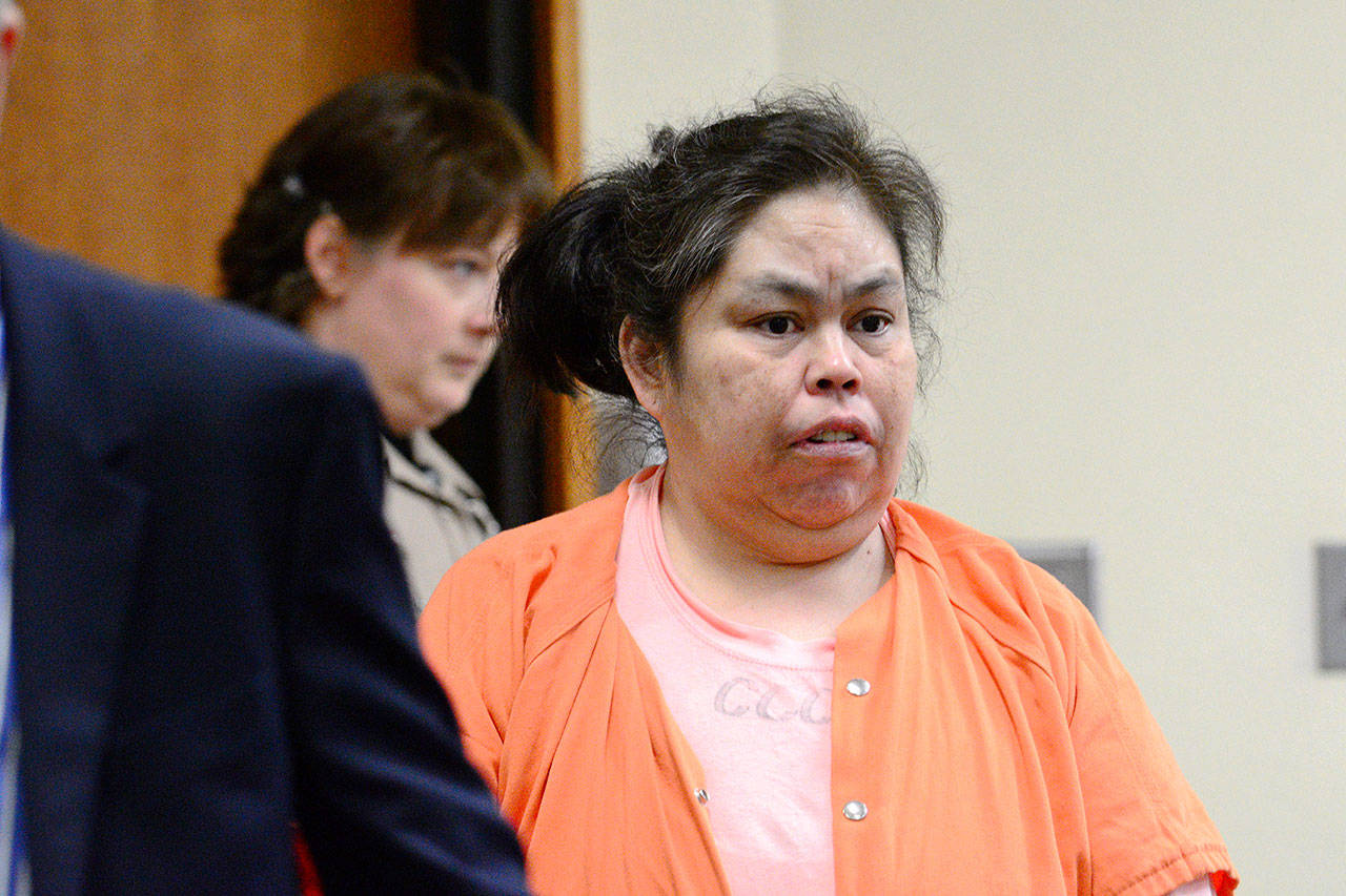 Ramona Ward, who is charged with murdering 2½-year-old Isaac Ward on Nov. 9, appears in Clallam County Superior Court on Wednesday, where she rejected a plea offer. (Jesse Major/Peninsula Daily News) ​