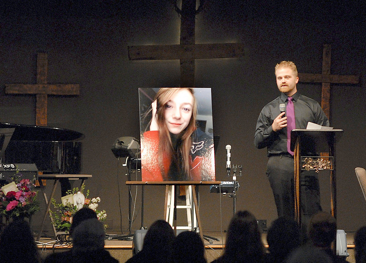 Trevor Shea, uncle to Ashley Ann Wishart, delivers the eulogy during a celebration-of-life service for Wishart on Saturday at Dungeness Community Church near Sequim. (Keith Thorpe/Peninsula Daily News)